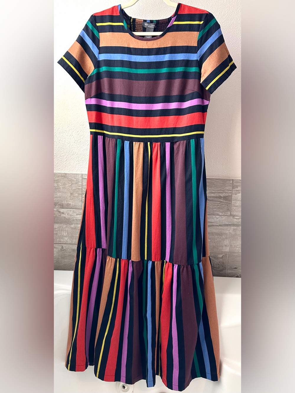 EUC Chelsea & Theodore Multicolor Striped Short Sleeve Tiered Cotton Dress Sz S